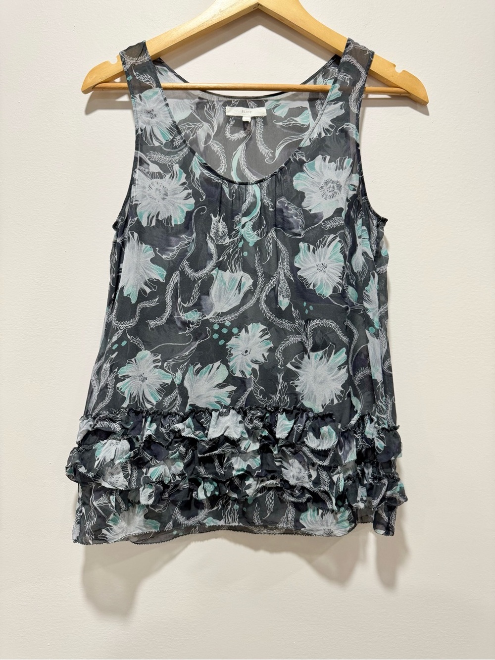 Eliot 100% Silk Watercolor Floral Sheet r Ruffle Hem Sleeveless Blouse Size S